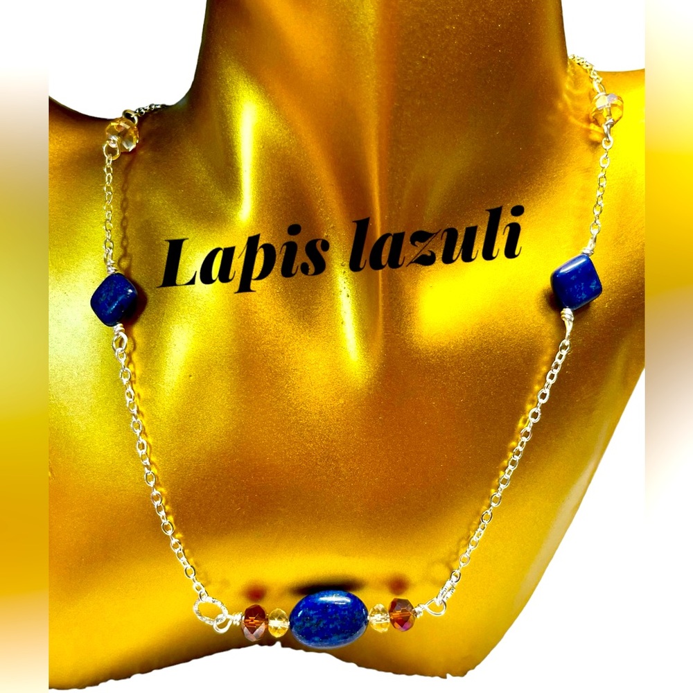 🦋Pretty handcrafted lapis and topaz Swarovski link necklace